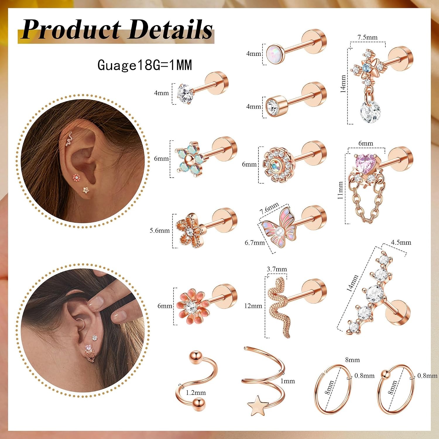 ORAZIO 18PCS Cartilage Stud Ea - Body Jewelry For Sensitive Skin review and price