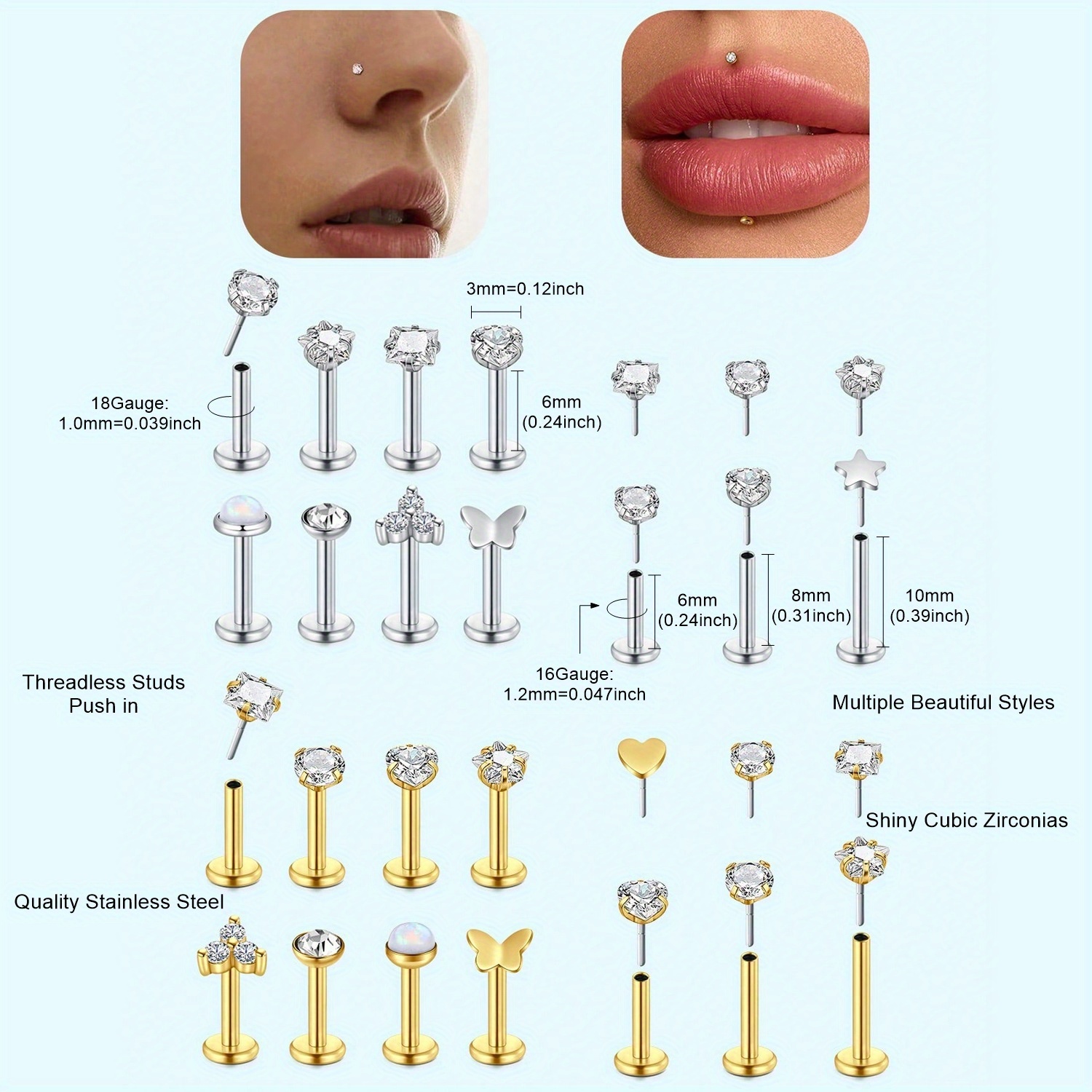 16G 18G Push in Threadless Nos - Body Jewelry Threadless review and price